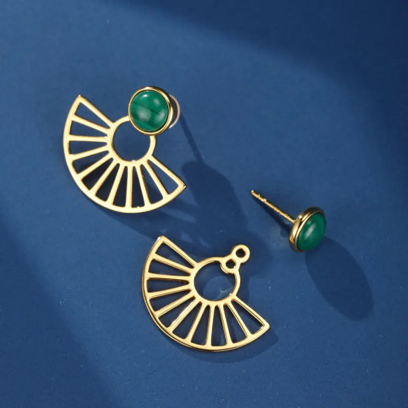 Boucles d’Oreilles Malachite "Rayons d'Or" Argent Plaqué Or