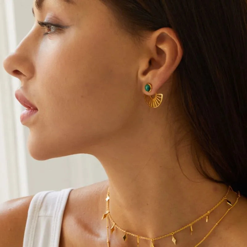 Boucles d’Oreilles Malachite "Rayons d'Or" Argent Plaqué Or