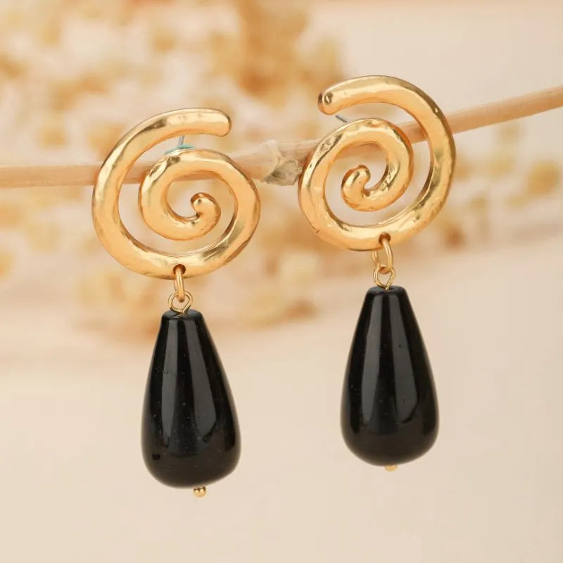 Boucles d'Oreilles Obsidienne "Spirale Éternelle" Doré Or