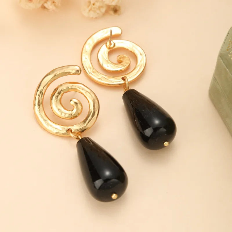 Boucles d'Oreilles Obsidienne "Spirale Éternelle" Doré Or