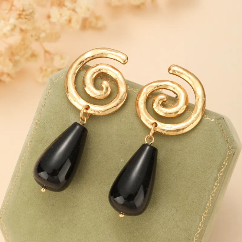 Boucles d'Oreilles Obsidienne "Spirale Éternelle" Doré Or