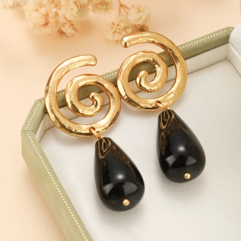 Boucles d'Oreilles Obsidienne "Spirale Éternelle" Doré Or