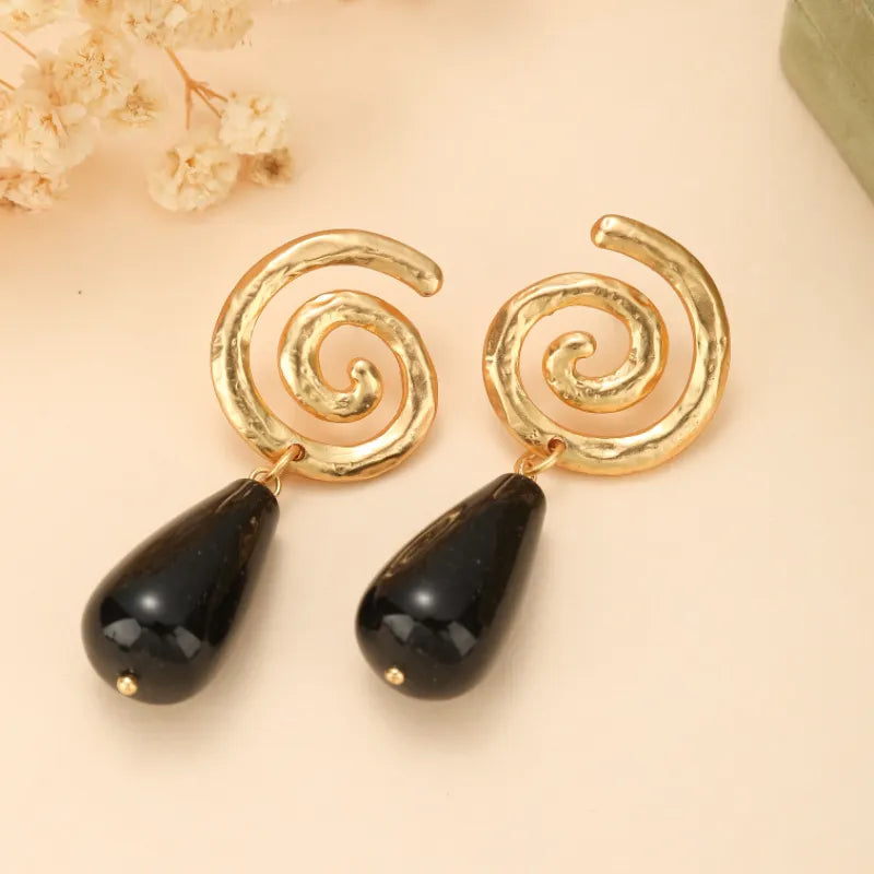 Boucles d'Oreilles Obsidienne "Spirale Éternelle" Doré Or
