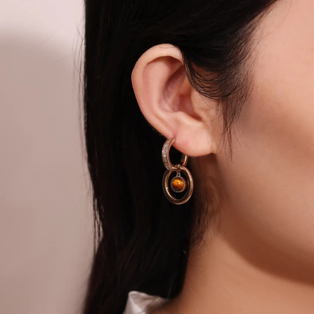 Boucles d'Oreilles Œil de Tigre "Cercle Charmant" Doré Or