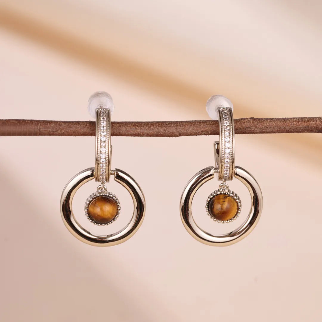 Boucles d'Oreilles Œil de Tigre "Cercle Charmant" Doré Or