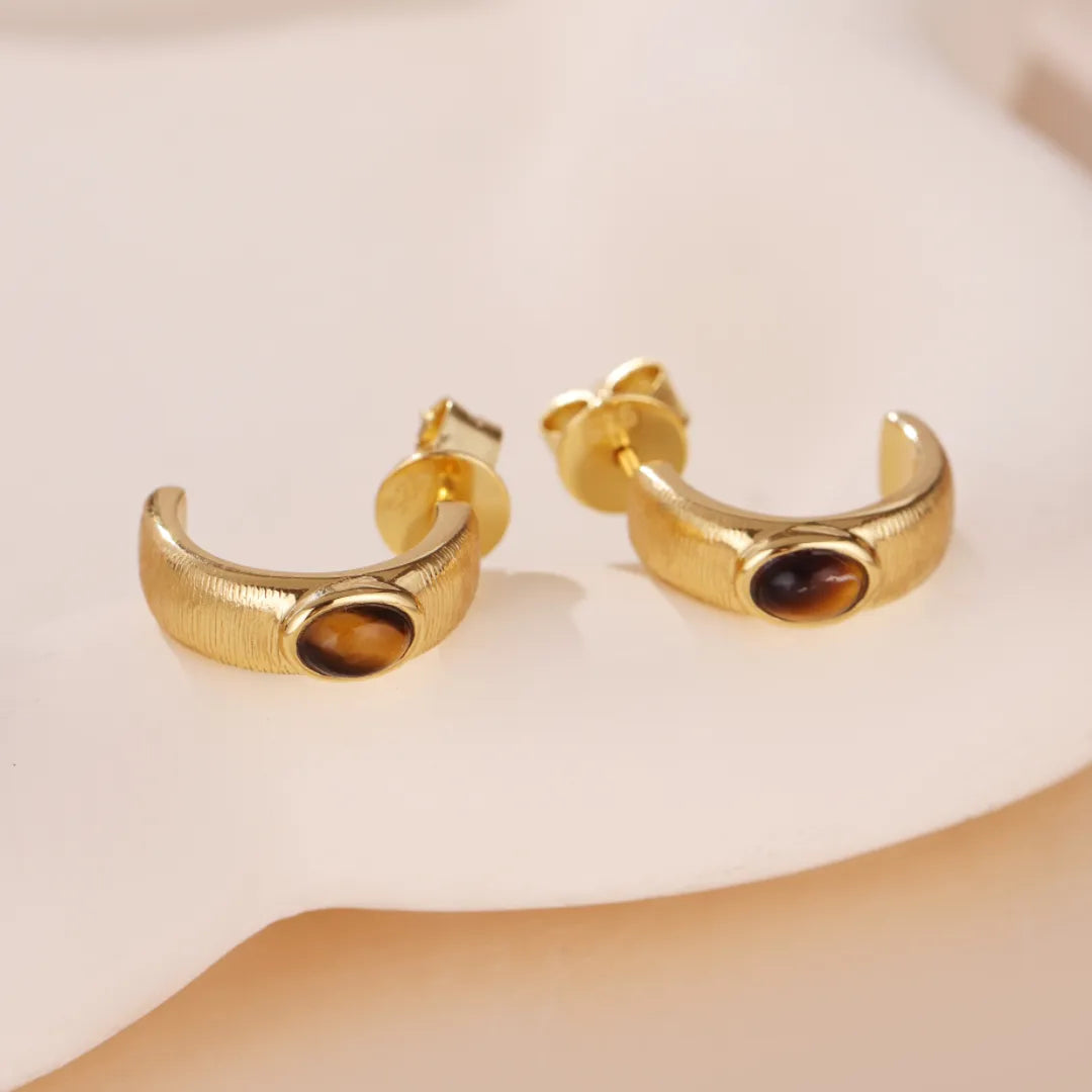Boucles d'Oreilles Œil de Tigre "Élégance d'Or" Argent Doré Or