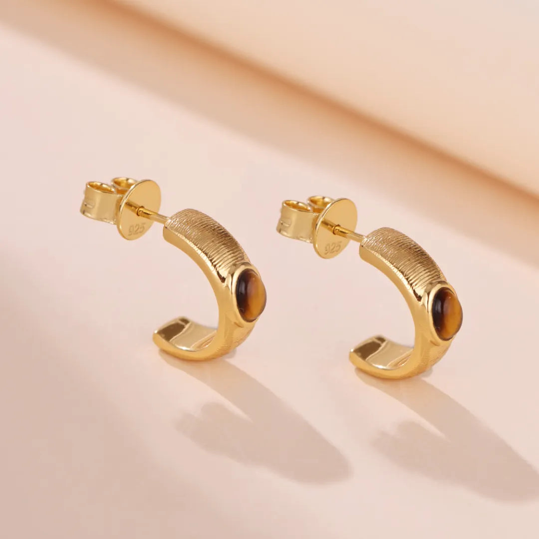 Boucles d'Oreilles Œil de Tigre "Élégance d'Or" Argent Doré Or