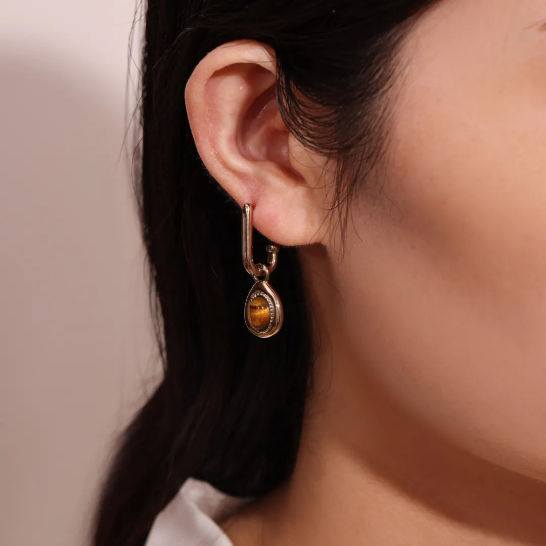 Boucles d'Oreilles Œil de Tigre "Marron de Charme" Doré Or