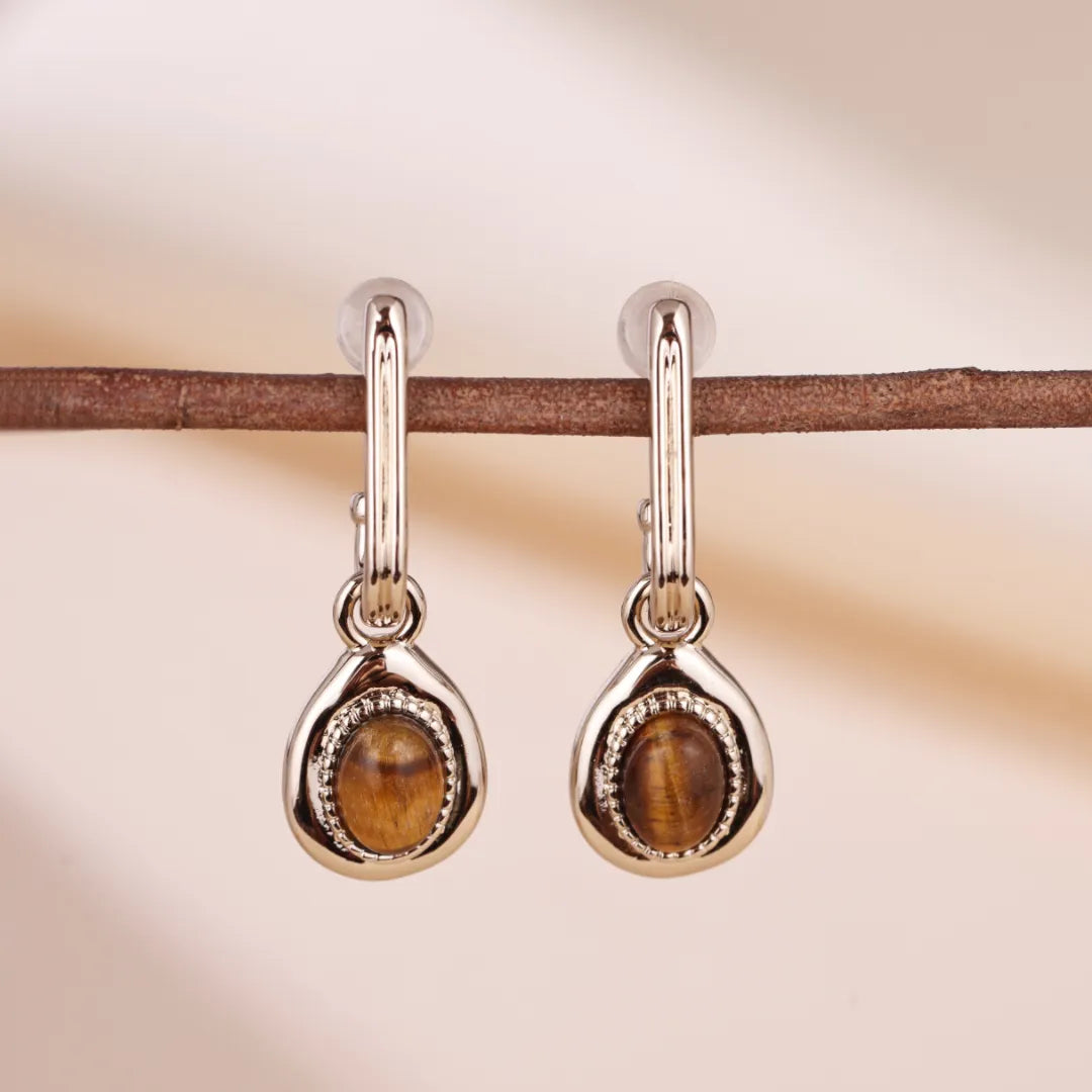 Boucles d'Oreilles Œil de Tigre "Marron de Charme" Doré Or
