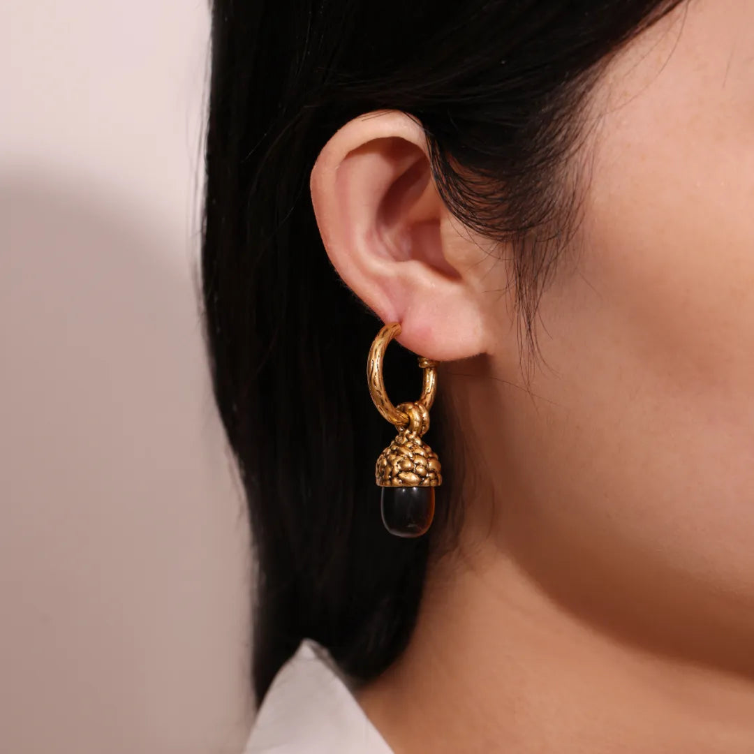 Boucles d'Oreilles Œil de Tigre "Perle de Chêne" Doré Or