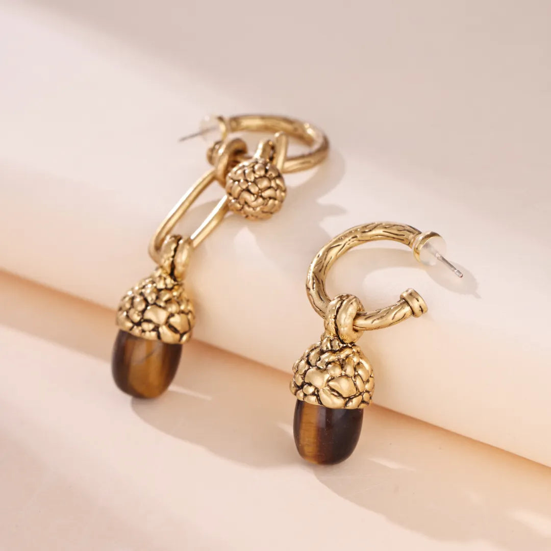 Boucles d'Oreilles Œil de Tigre "Perle de Chêne" Doré Or