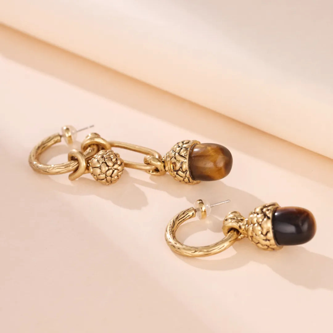 Boucles d'Oreilles Œil de Tigre "Perle de Chêne" Doré Or
