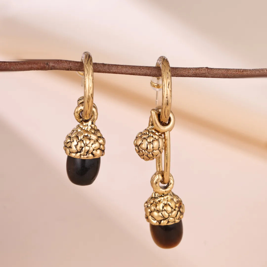 Boucles d'Oreilles Œil de Tigre "Perle de Chêne" Doré Or