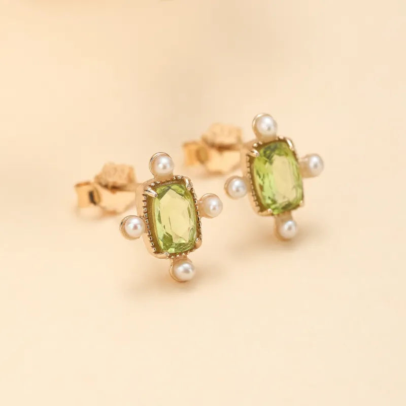 Boucles d'Oreille Péridot et Perle "Allure Éclatante" Argent Doré Or