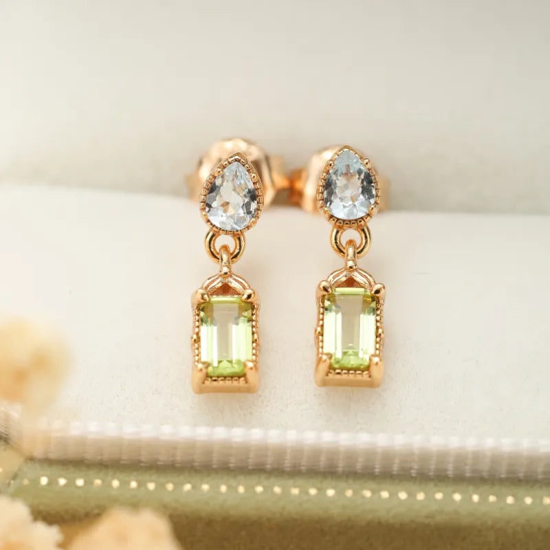 Boucles d'Oreilles Péridot et Topaze "Raffinement Géométrique" Argent Doré Or