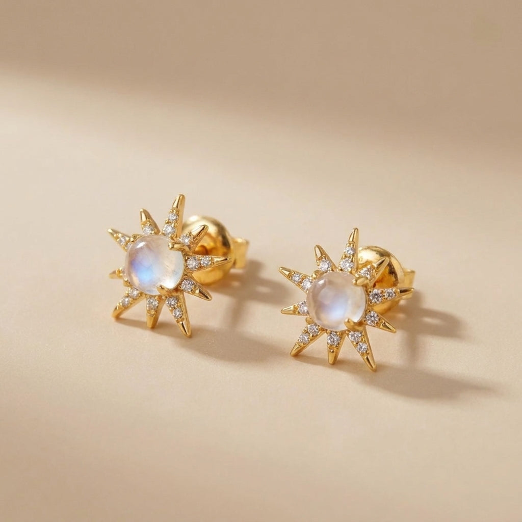 Boucles d'Oreilles Pierre de Lune "Éclat Solaire" Argent Doré Or @main