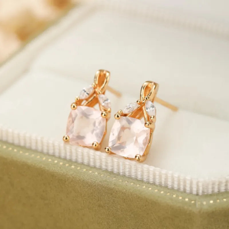 Boucles d'Oreilles Quartz Rose "Élégance Luxueuse" Argent Doré Or