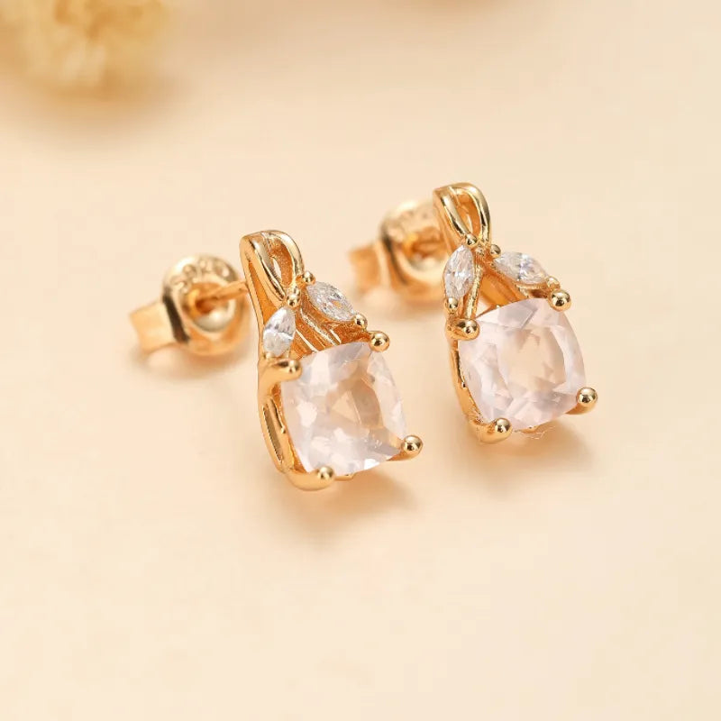 Boucles d'Oreilles Quartz Rose "Élégance Luxueuse" Argent Doré Or