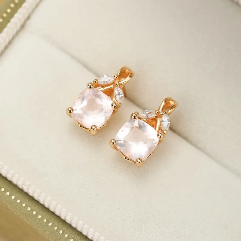 Boucles d'Oreilles Quartz Rose "Élégance Luxueuse" Argent Doré Or