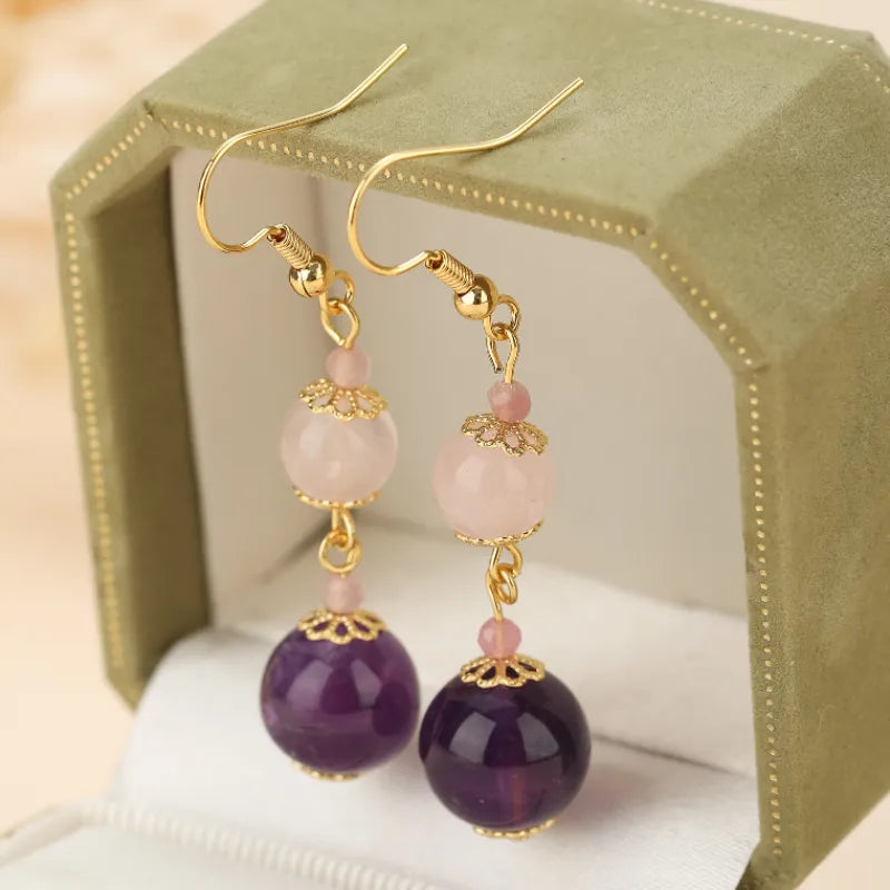 Boucles d'Oreilles Quartz Rose et Améthyste "Harmonie Pastel" Doré Or