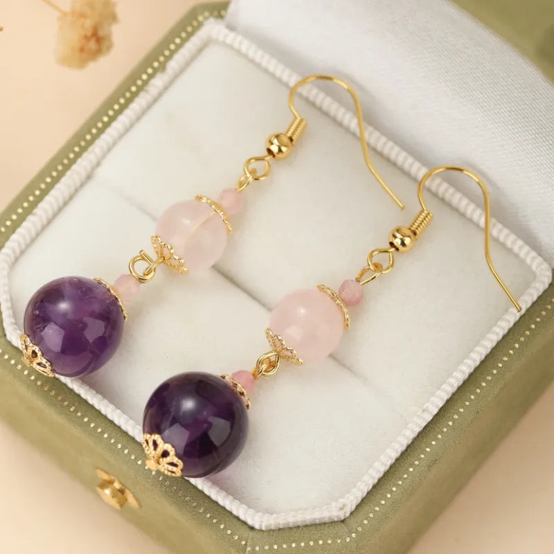 Boucles d'Oreilles Quartz Rose et Améthyste "Harmonie Pastel" Doré Or
