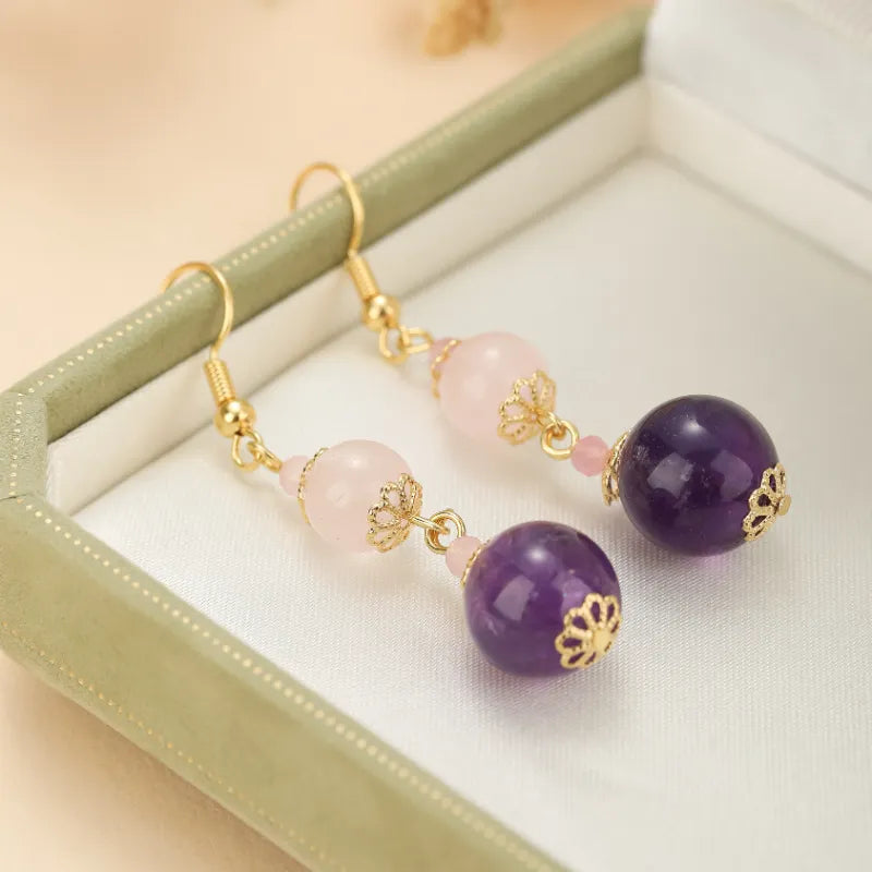 Boucles d'Oreilles Quartz Rose et Améthyste "Harmonie Pastel" Doré Or