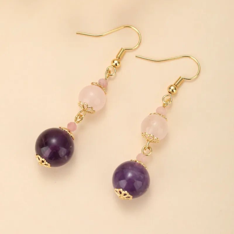 Boucles d'Oreilles Quartz Rose et Améthyste "Harmonie Pastel" Doré Or