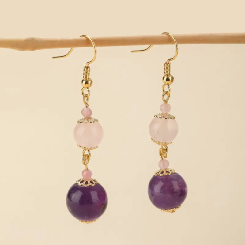 Boucles d'Oreilles Quartz Rose et Améthyste "Harmonie Pastel" Doré Or