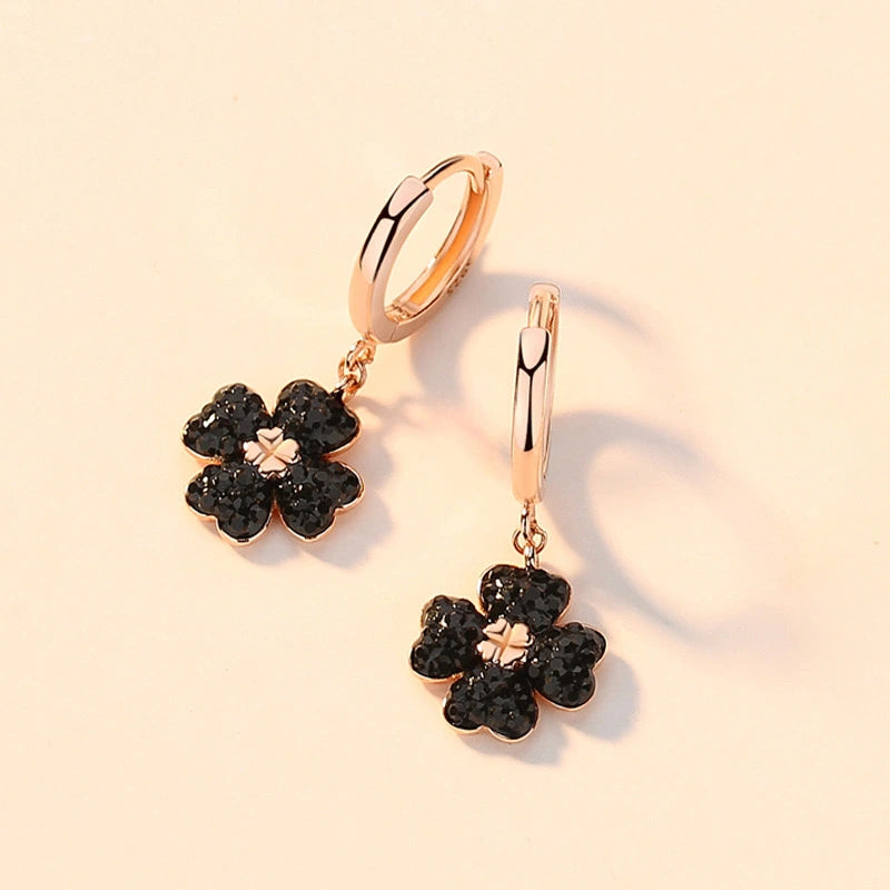 Boucles d’Oreilles Trèfle "Fleur Obscure" Argent Or Rose
