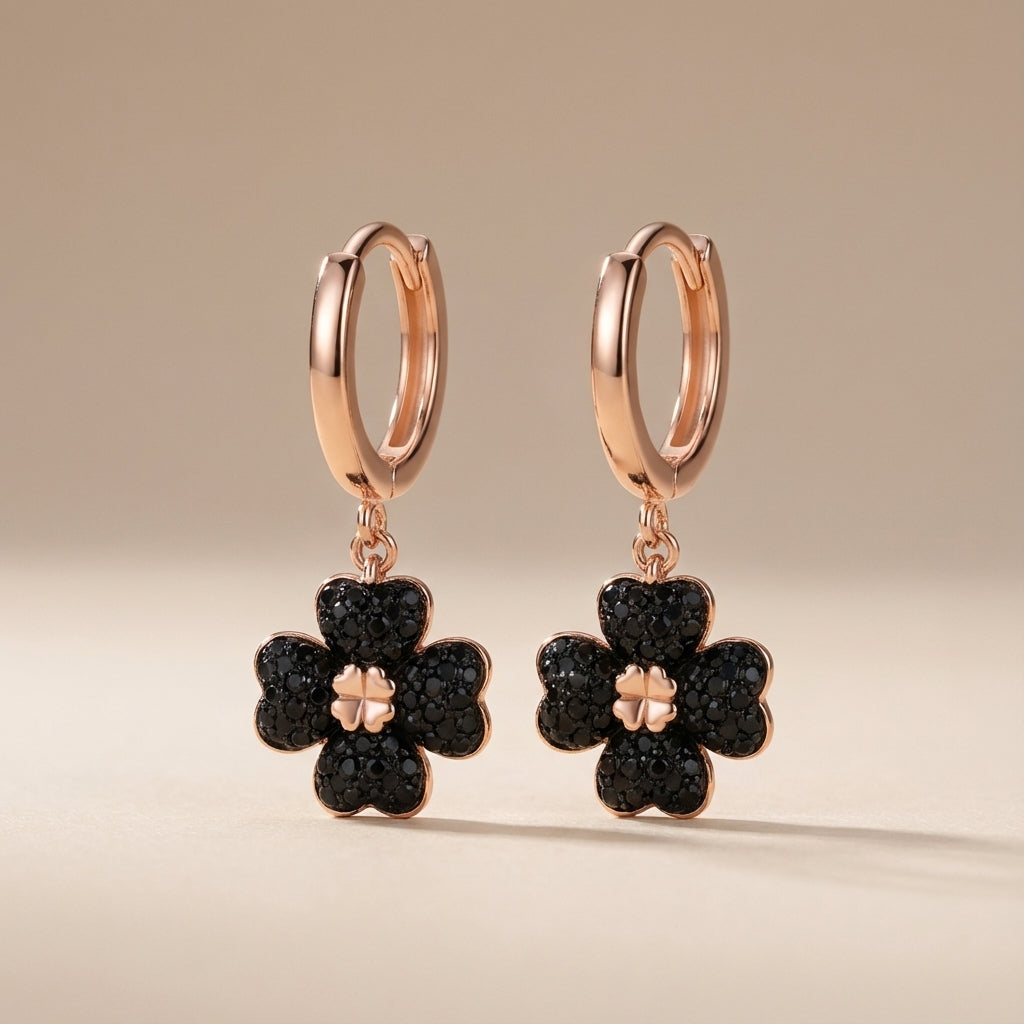 Pendientes Trébol "Flor Oscura" Plata Oro Rosa