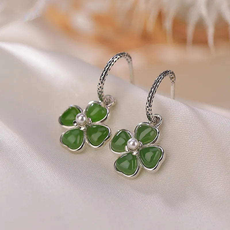 Boucles d'Oreilles Trèfle Jade "Chance Élégante" Argent Doré Or
