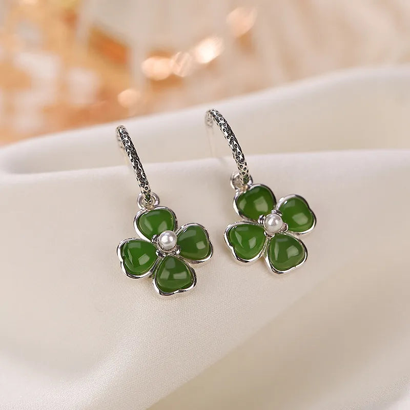 Boucles d'Oreilles Trèfle Jade "Chance Élégante" Argent Doré Or