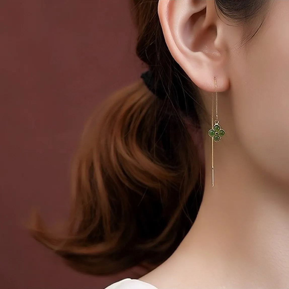 Boucles d'Oreilles Trèfle Jade "Tendresse" Argent Doré Or