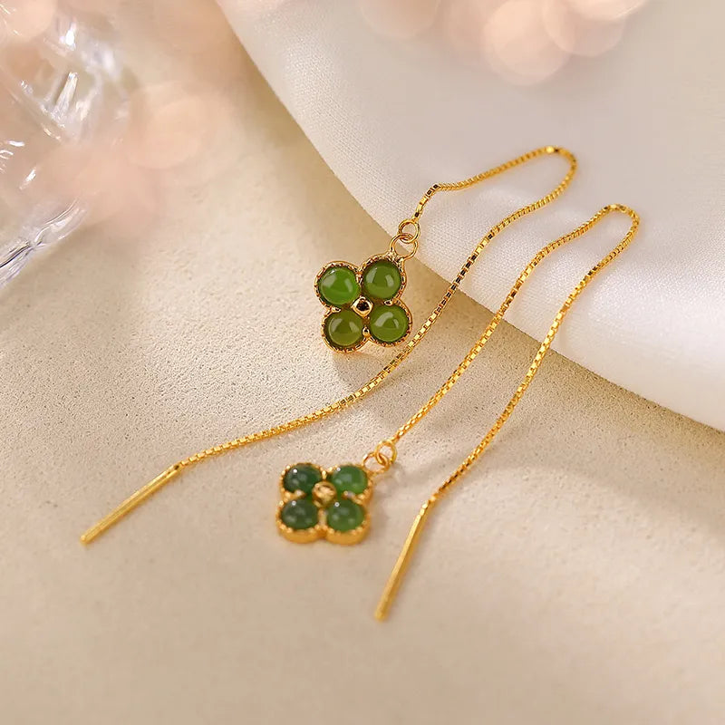 Boucles d'Oreilles Trèfle Jade "Tendresse" Argent Doré Or