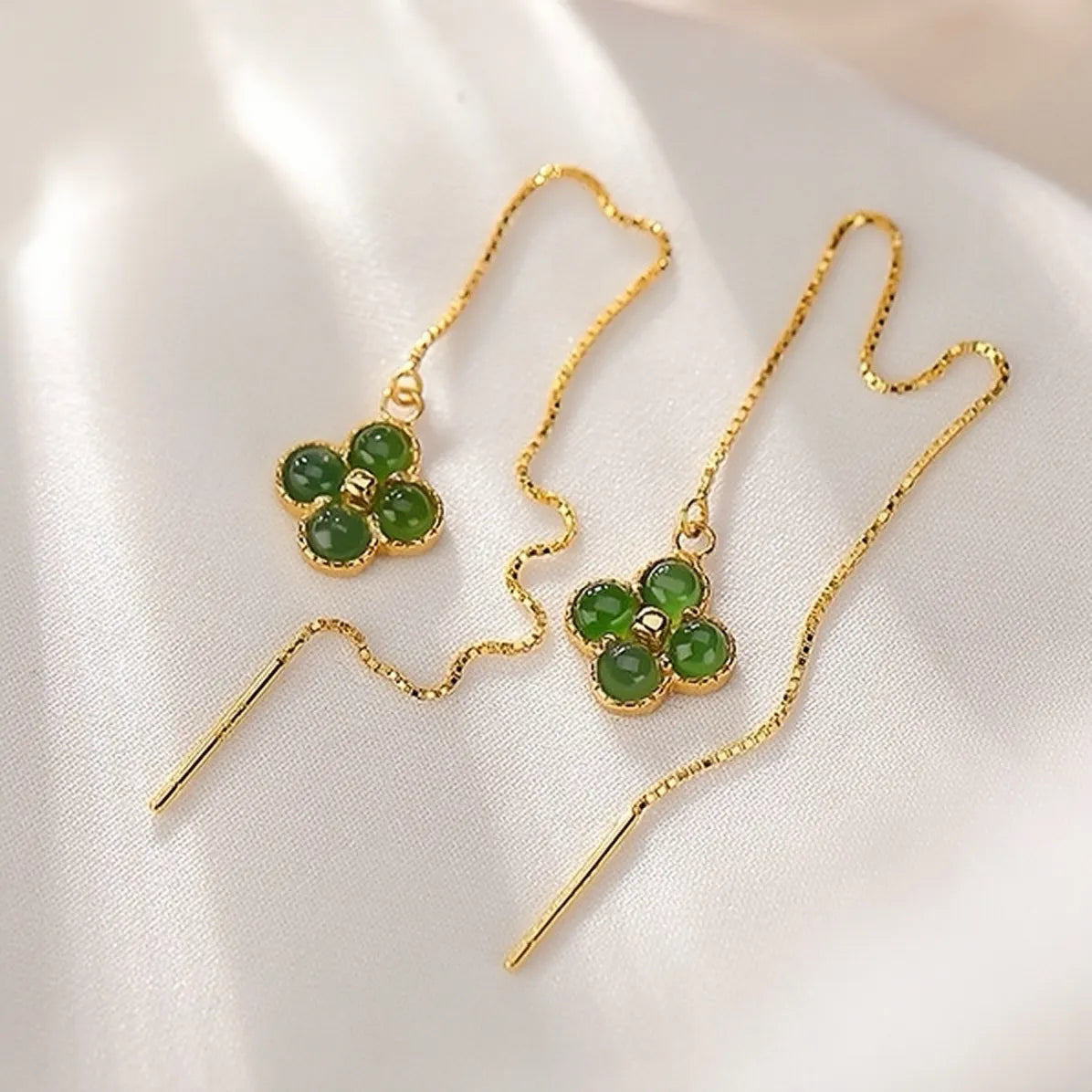 Boucles d'Oreilles Trèfle Jade "Tendresse" Argent Doré Or