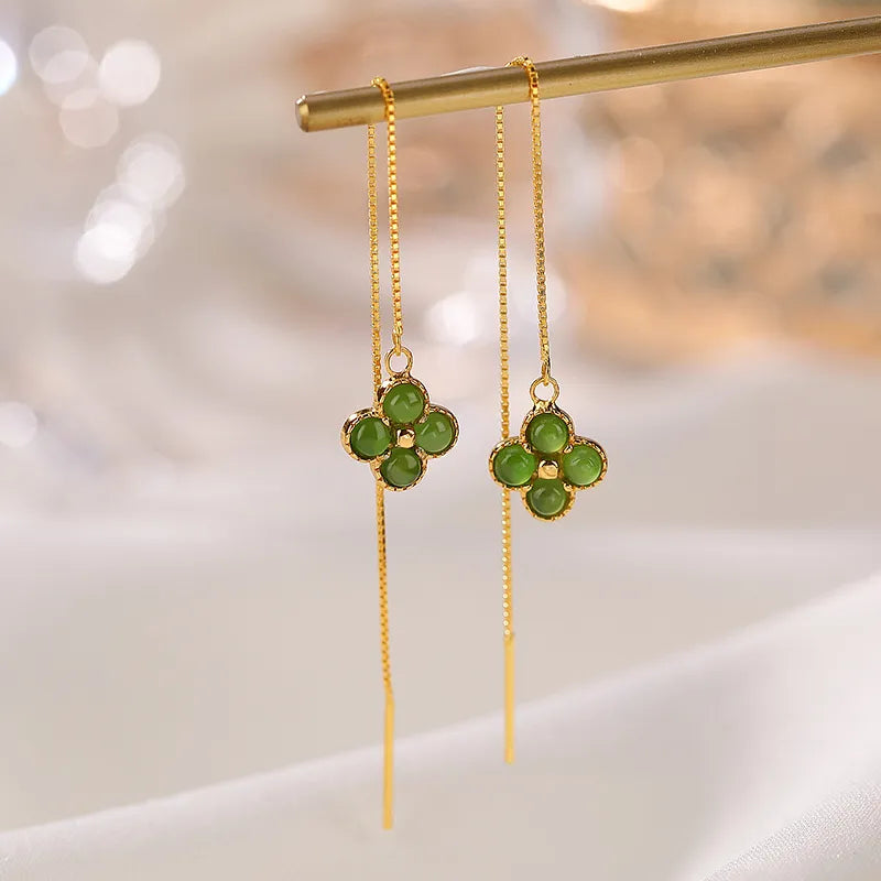 Boucles d'Oreilles Trèfle Jade "Tendresse" Argent Doré Or