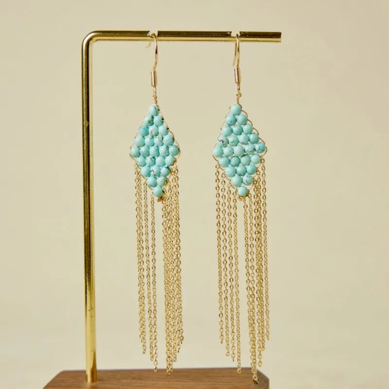 Boucles d'Oreilles Turquoise "Cascade Charmante" Argent Doré Or
