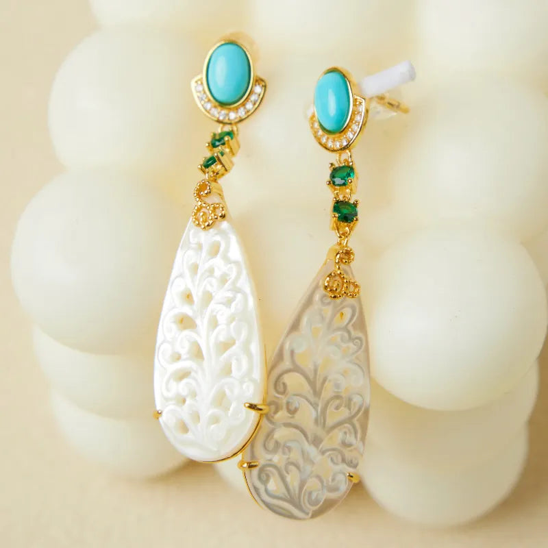 Boucles d'Oreilles Turquoise et Nacre "Empire Coloré" Argent Doré Or