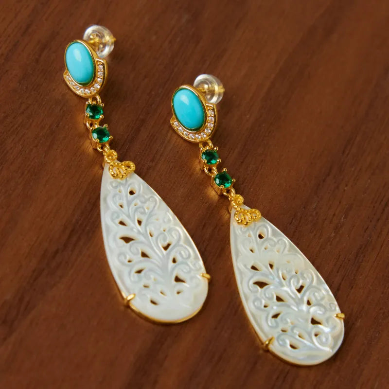 Boucles d'Oreilles Turquoise et Nacre "Empire Coloré" Argent Doré Or
