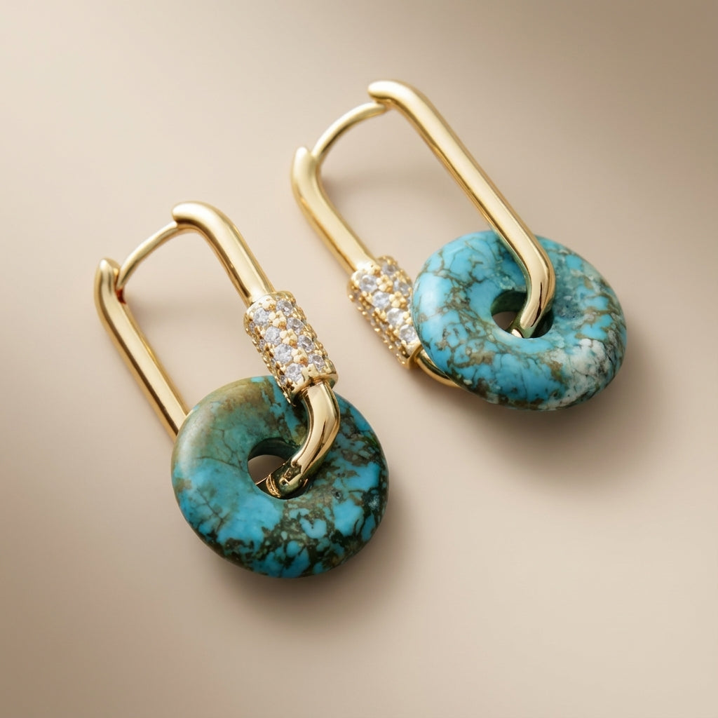 Boucles d'Oreilles Turquoise "Luxueuse" Argent Doré Or