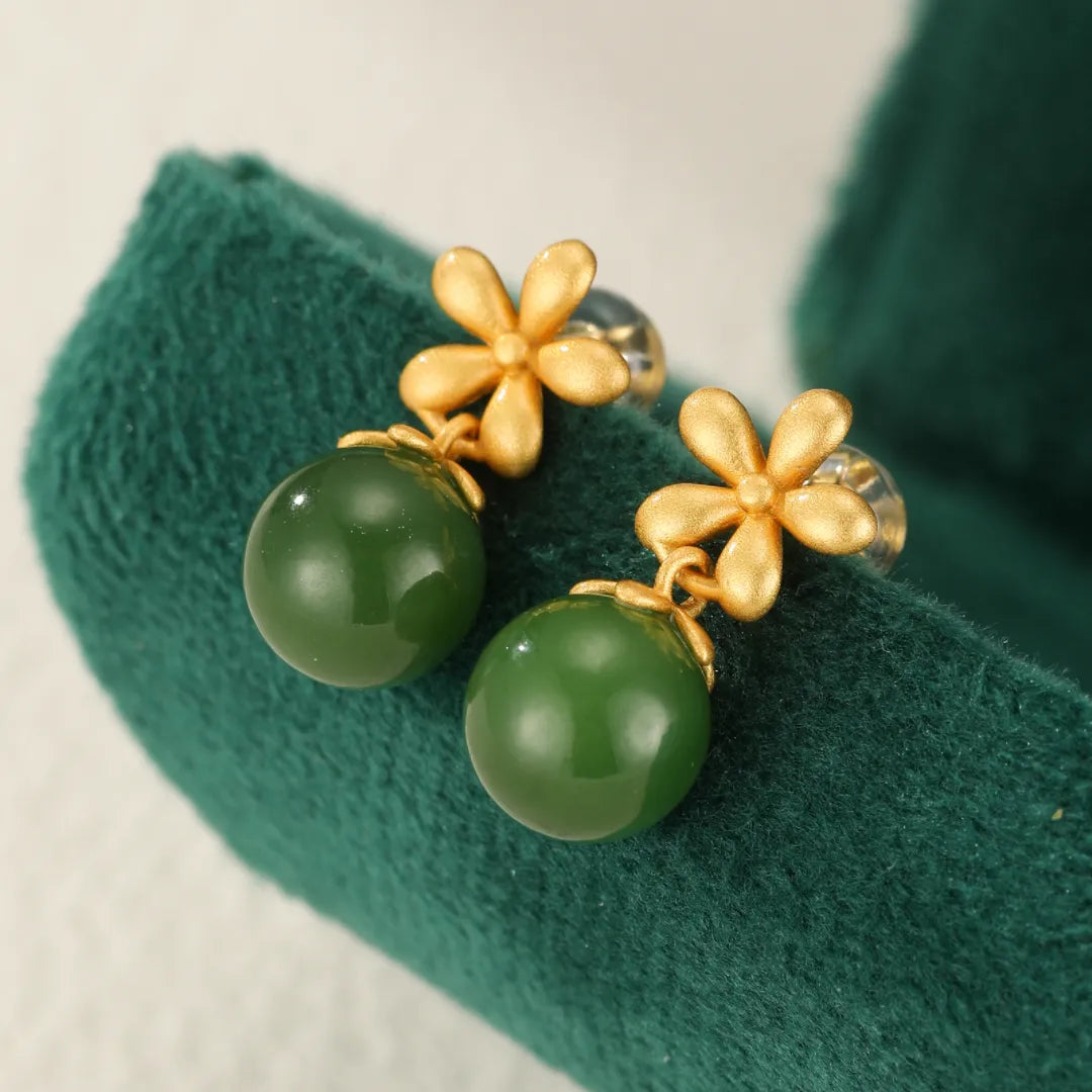 Boucles d’Oreilles Jade “Éclat Floral” Argent Doré Or