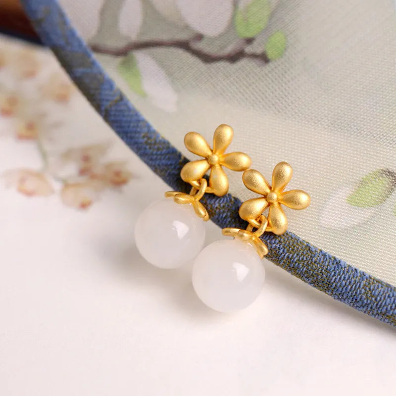 Boucles d’Oreilles Jade “Éclat Floral” Argent Doré Or