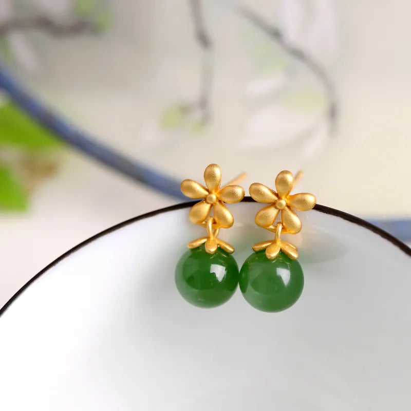 Boucles d’Oreilles Jade “Éclat Floral” Argent Doré Or