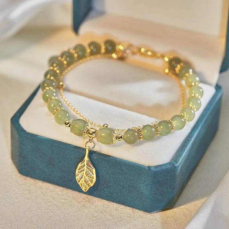 Bracelet Pierre de Jade – Feuillette d’Orée, Argent Plaqué Or