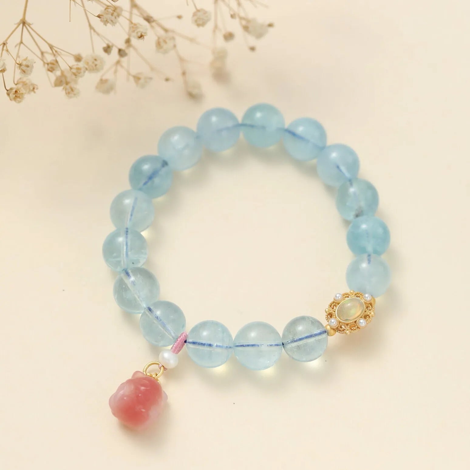 Bracelet Aigue Marine "Charme Renardeau" Argent Doré Or