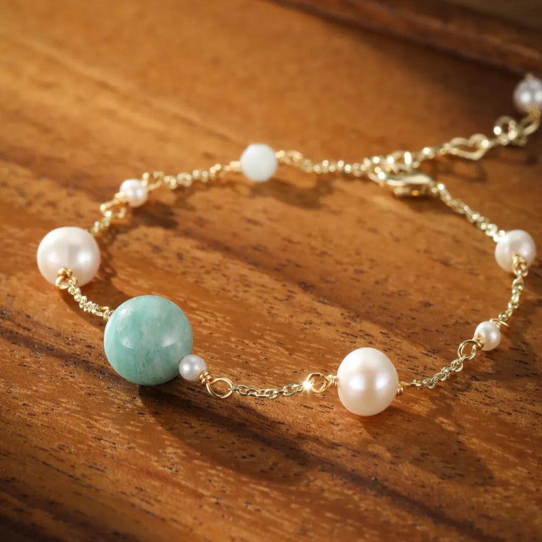Pulsera de Amazonita y Perla "Océano Puro" Dorado Oro