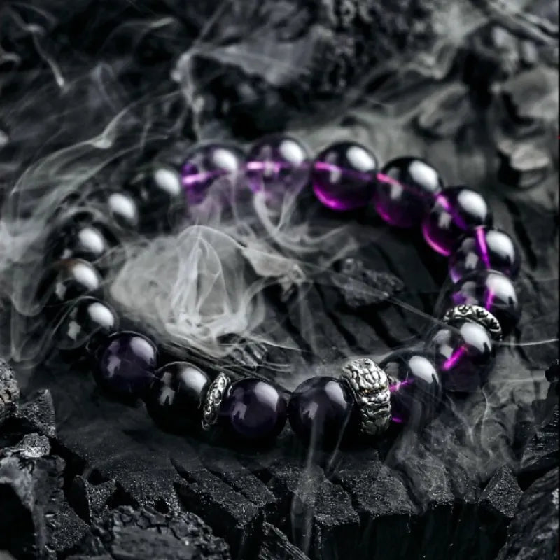 Bracelet Homme Obsidienne et Améthyste "Force de Transformation" Argent