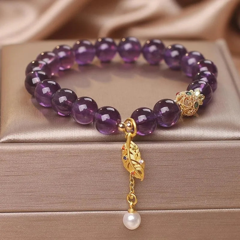 Bracelet Améthyste et Perle "Feuille d’Élégance"
