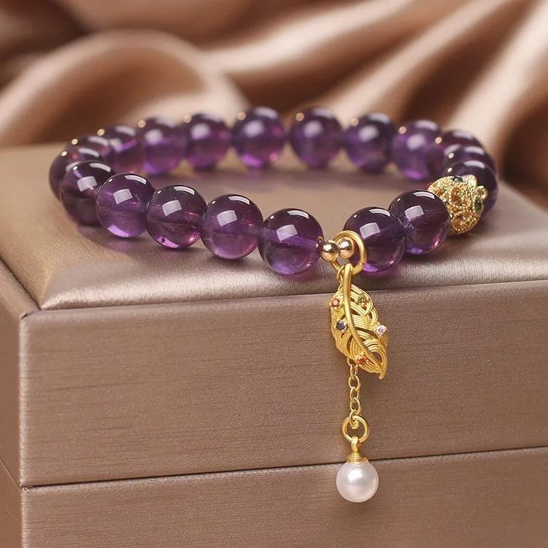 Bracelet Améthyste et Perle "Feuille d’Élégance"