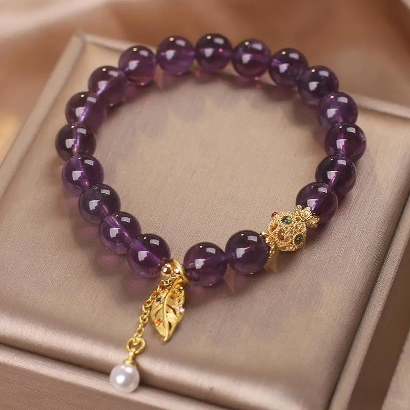 Bracelet Améthyste et Perle "Feuille d’Élégance"